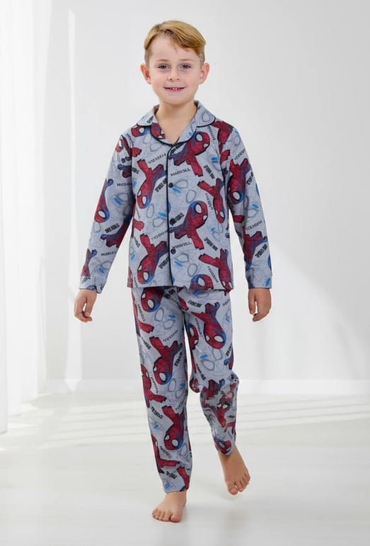 6666-15 Mrvl Spdm  Baskılı Erkek Çocuk Yakalı Pijama Takım-GRİ