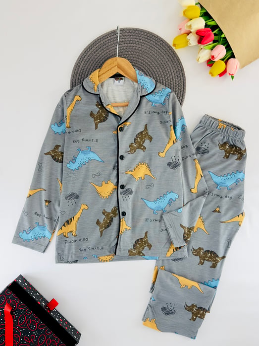 6666-21 Sevimli Dinazor Baskılı Erkek Çocuk Pijama Takım-FÜME