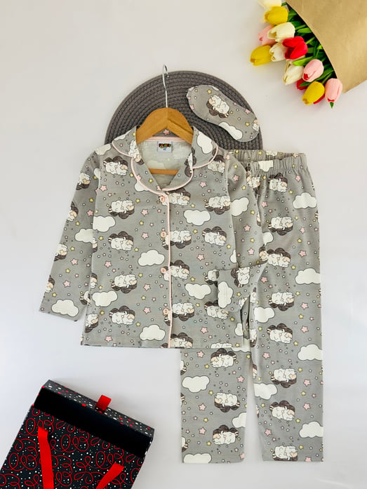 6666-22 Koyun Bulut Baskılı Uzun Kol Bandanalı Pijama Takım-GRİ