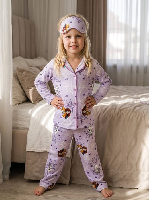 6666-23 Elsa Yıldız Baskılı Kız Çocuk Pijama takımı-LİLA