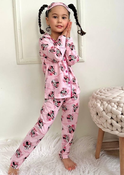 6666-3 Mn Yazılı Baskılı Kız Çocuk Pijama Takımı-PEMBE