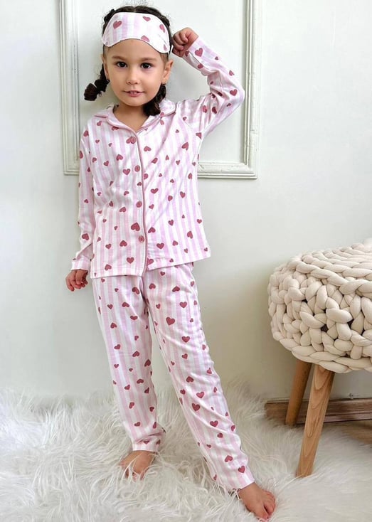 6666-4 Kalp Baskılı Kız Çocuk Pijama Takım-KREM