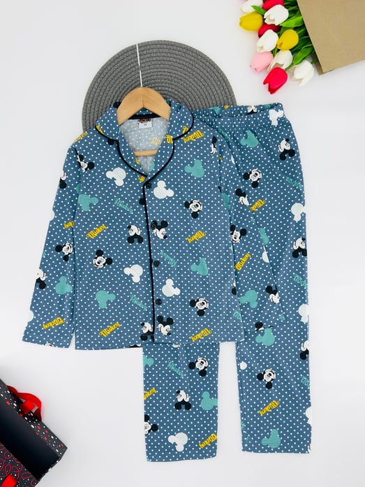 6666-8 Mcky Yazılı Baskıl Erkek Çocuk Pijama Takım-PETROL MAVİ