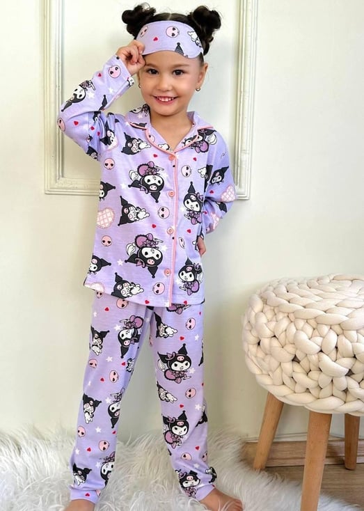 6666-9 Krm Kalp Baskılı Kız Çocuk Pijama Takım-LİLA