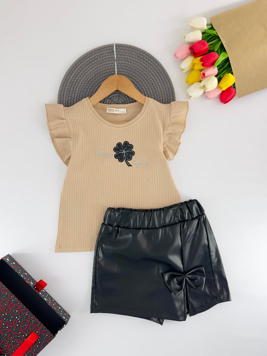 680-01 Lovely Çiçek Nakışlı Deri Şort Etekli Kız Çocuk Takım-BEJ