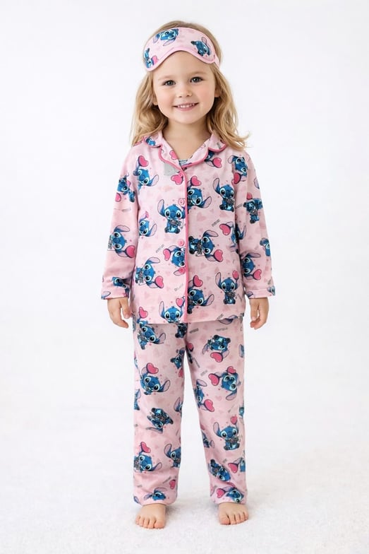 719 Stıtch Yazılı Baskılı Kız Çocuk Penye Pijama Takım-TOZ PEMBE