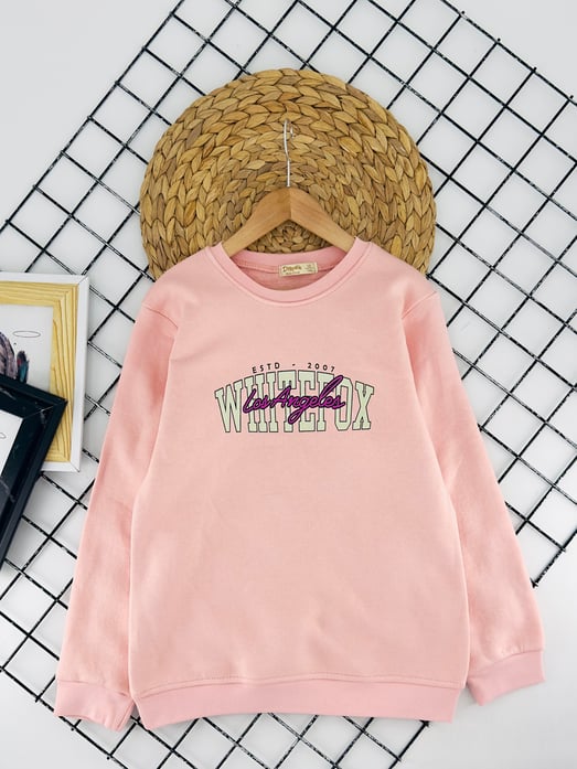 7343214 Wittot Yazılı Baskılı Üç İp Şardonlu Kız Çocuk Sweat-TOZ PEMBE