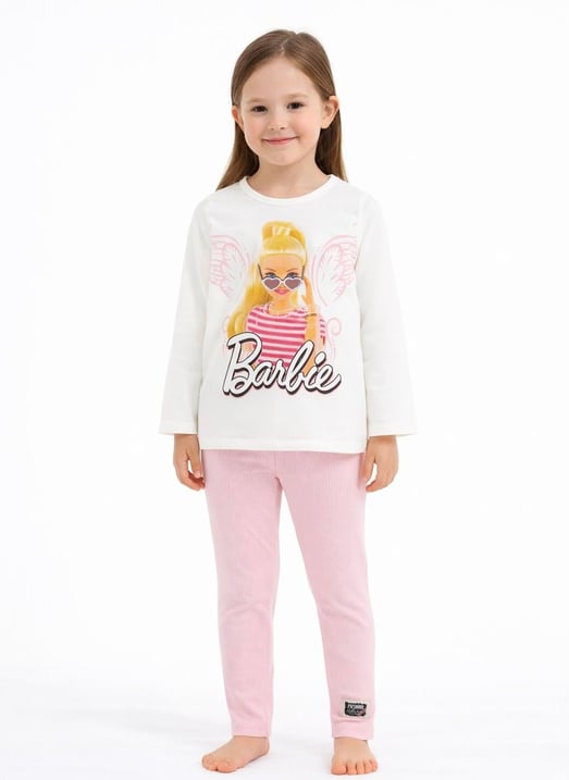 7504 Bb Baskılı Kız Çocuk Penye Taytlı Takım-TOZ PEMBE