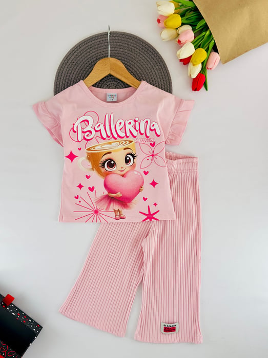 7655-6 Blncie Yazılı Kız Çocuk Bol Paça Takım-PEMBE