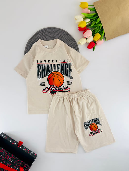 800-6 Challenge Yazılı Top Baskılı Erkek Çocuk Şortlu Takım-BEJ