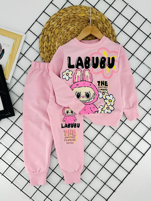 8174 Labubu Yazılı Baskılı İki İp Kız Çocuk Takım-PEMBE