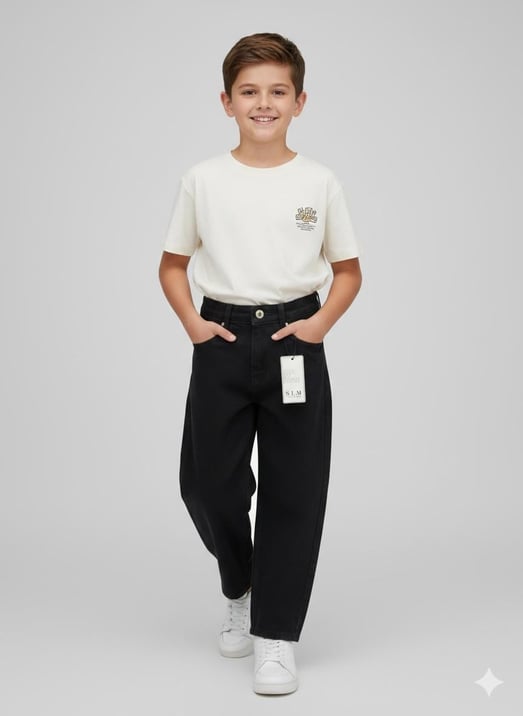 825-4 Erkek Çocuk Baggy Kot Pantolon (11/15 Yaş)-SİYAH