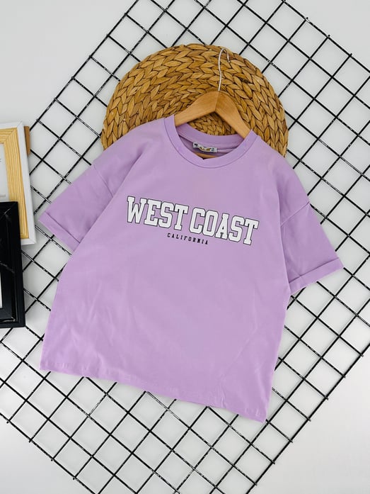 8254031 West Coast Calıfornıa Yazılı Baskılı Kız Çocuk Penye Tişört-LİLA
