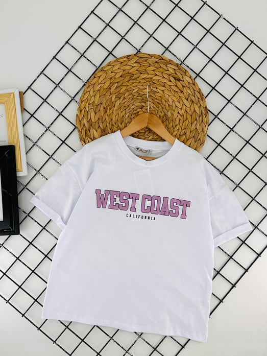 8254031 West Coast Calıfornıa Yazılı Baskılı Kız Çocuk Penye Tişört-BEYAZ