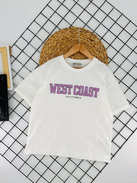 8254031 West Coast Calıfornıa Yazılı Baskılı Kız Çocuk Penye Tişört-KREM