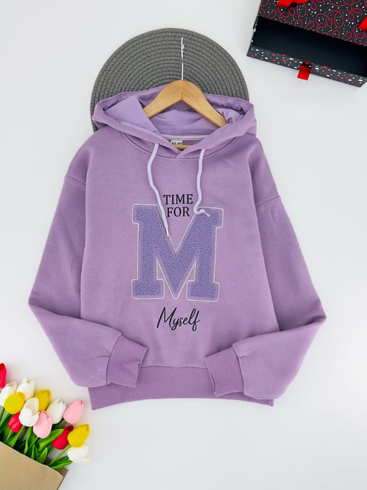 8264284 M Nakışlı Kız Çocuk Üç İplik Kapşonlu Şardonlu Sweat-LİLA