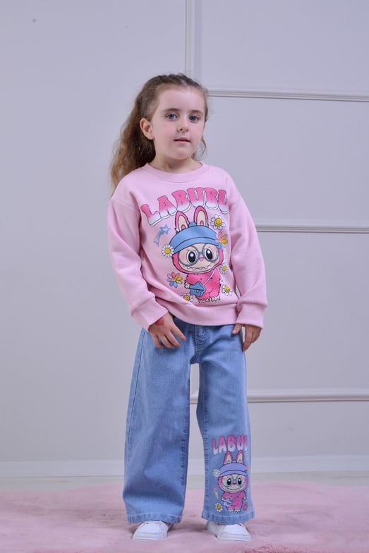 8278 Lbb Baskılı Üç İplik Kız Çocuk Altı Kotlu Takım-PEMBE