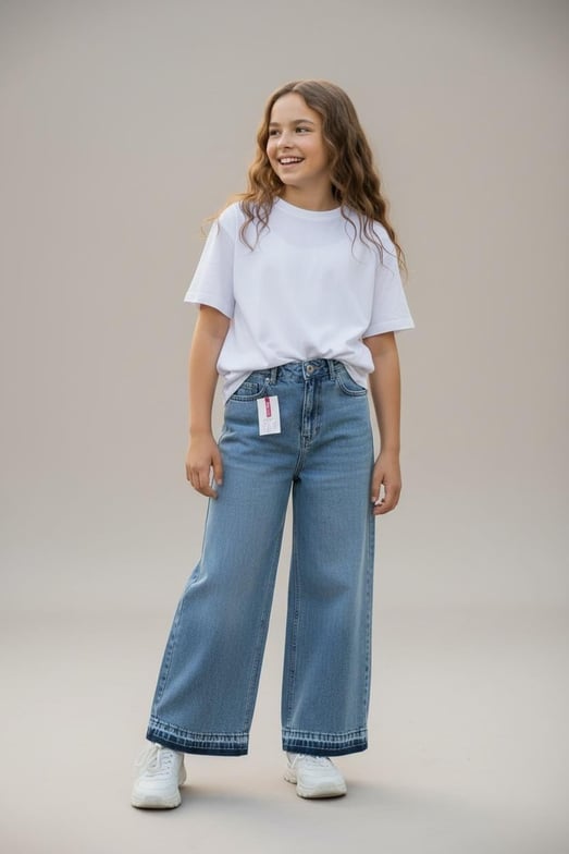 828-4 Altı Püsküllü Kız Çocuk Baggy Kot Pantolon (11/16 Yaş)-MAVİ