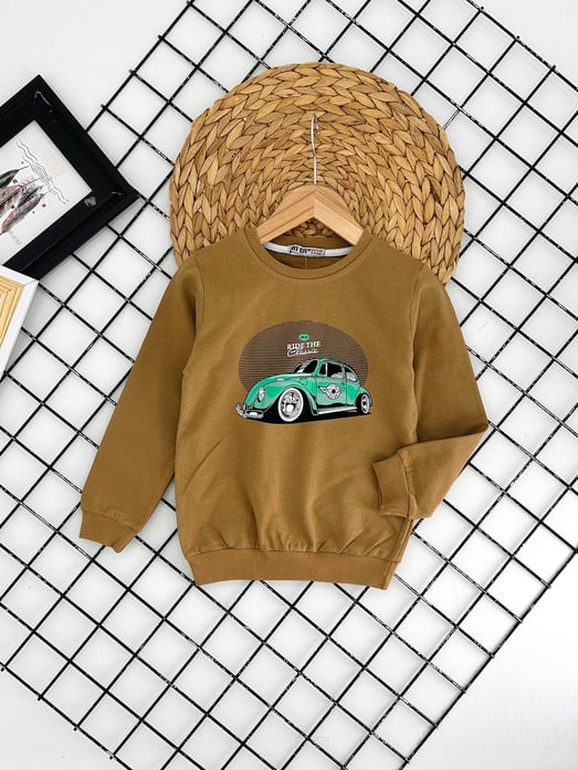 8291 Araba Baskılı Ride The Yazılı Erkek Çocuk Sweat-BEJ