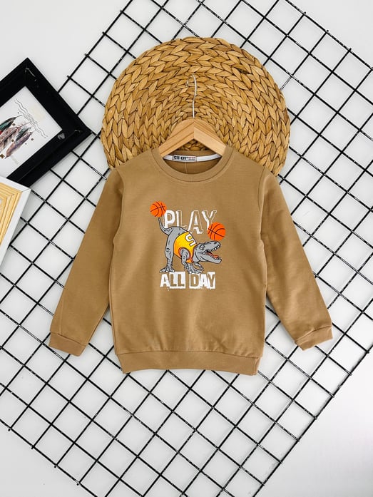 8302 Dinozor Play Baskılı Erkek Çocuk Sweat-BEJ