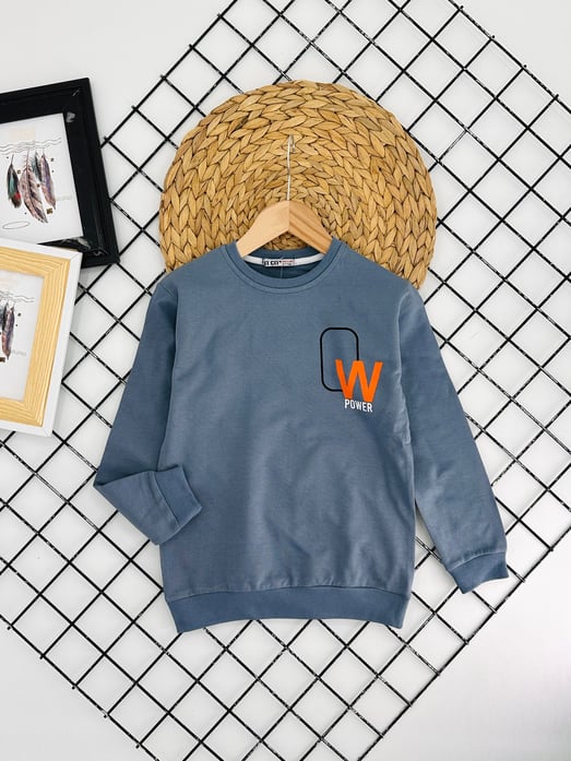 8374 W Power Yazılı Erkek Çocuk Sweat-PETROL MAVİ