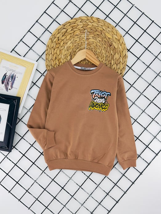 8380 Trust You Yazılı Baskılı Erkek Çocuk Penye Sweat-KAHVE