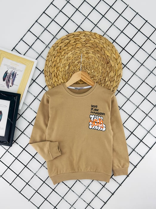 8384 Trve Yazılı Erkek Çocuk Penye Baskılı Sweat-BEJ