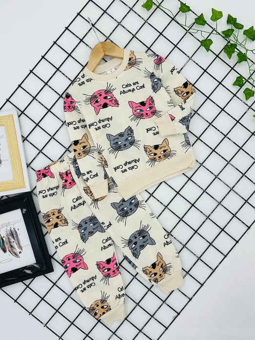 8500-22 Kedi Baskılı Kız Çocuk Şardonlu Pijama Takım (3-7 Yaş)-KREM