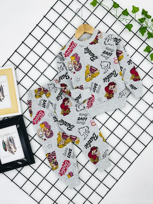 8500-26 Bb Baskılı Kız Çocuk Şardonlu Pijama Takım (3-7 Yaş)-GRİ