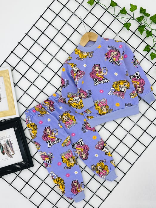 8500-26 Bb Baskılı Kız Çocuk Şardonlu Pijama Takım (3-7 Yaş)-LİLA