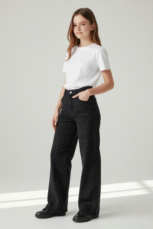 869-3 Serpme Taş Detaylı Kız Çocuk Baggy Kot Pantolon (6/10 Yaş)-SİYAH