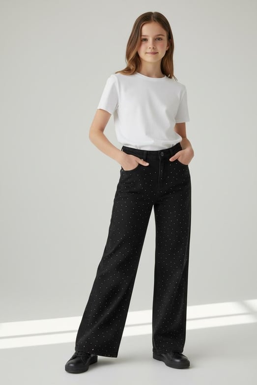 869-4 Serpme Taş Detaylı Kız Çocuk Baggy Kot Pantolon (11/15 Yaş)-SİYAH