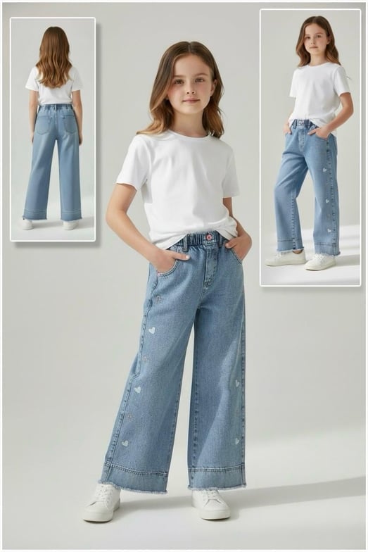 876-3 Bel Lastikli Kalp Nakışlı Kız Çocuk Baggy Kot Pantolon-AÇIK MAVİ