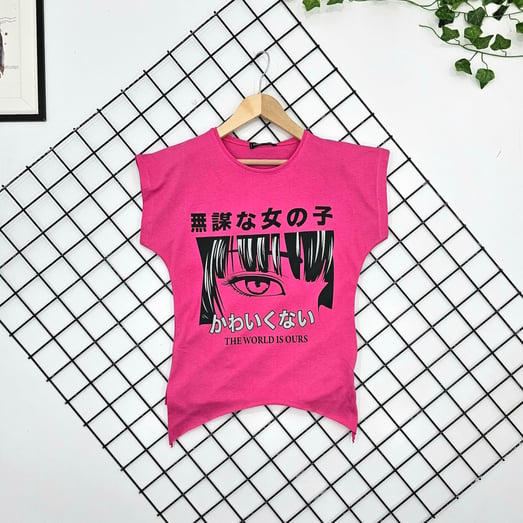 91003 Penye Göz Baskılı Kız Çocuk Tişört-PEMBE