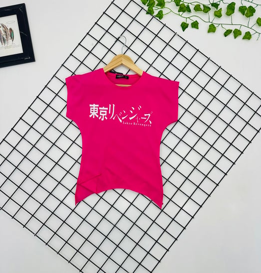91007 Tokyo Revenger Yazılı Penye Kız Çocuk Tişört-PEMBE