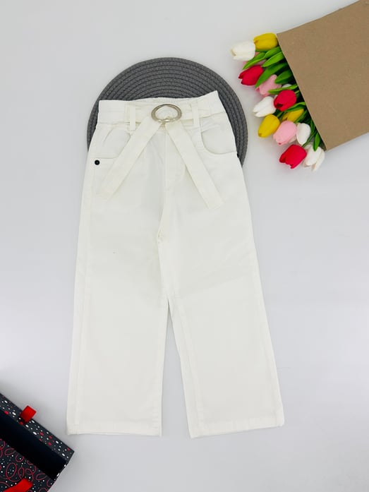 9400-40 Bel Kemerli Bol Paça Kız Çocuk Pantolon 3329-BEYAZ