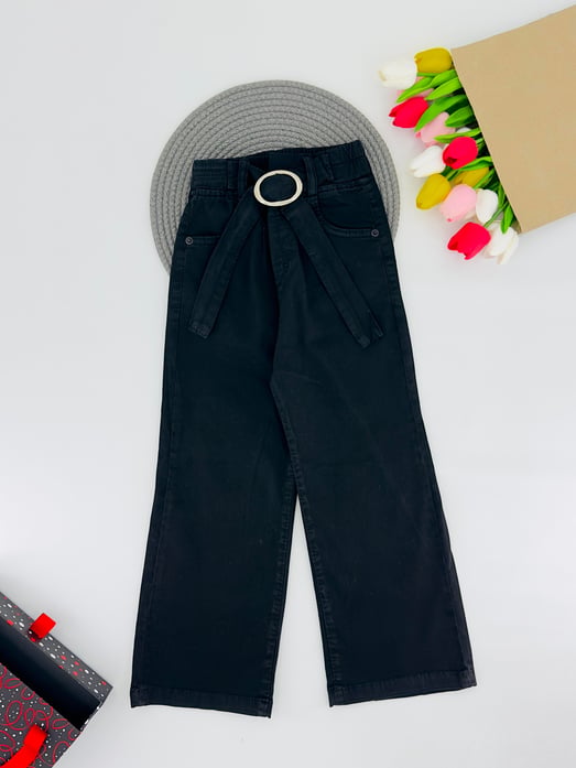 9400-40 Bel Kemerli Bol Paça Kız Çocuk Pantolon 3329-SİYAH