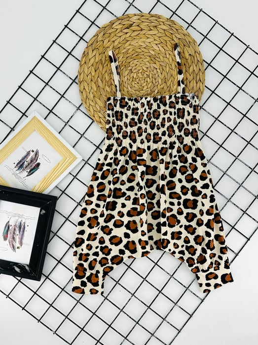 9783-3 Leopar Desen İp Askılı Kız Çocuk Penye şalvar Pantolonlu Elbise-LEOPAR