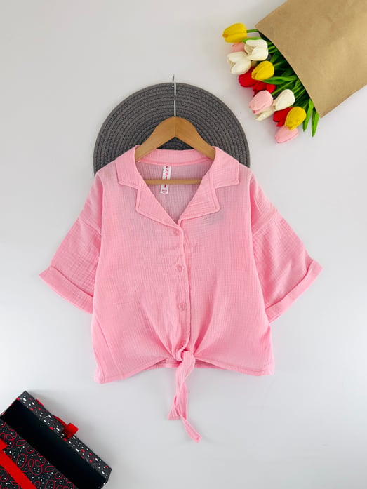 9856 Bel Bağlamalı Kız Çocuk Müslim Kumaş Gömlek-PEMBE