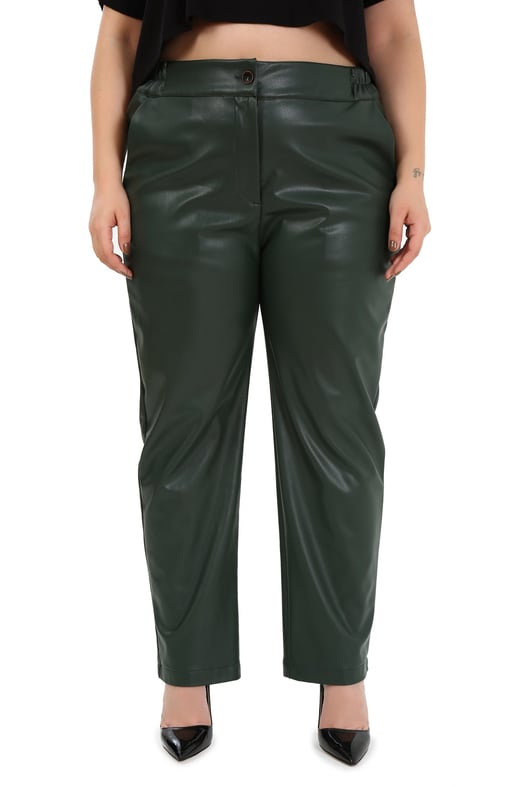 Plus Size Khaki Leather Trousers with Side Elastic Waist Pockets