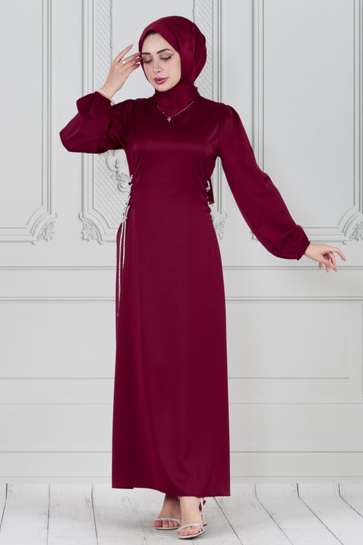 Satin evening dress - with straps studded with  stones-burgundy