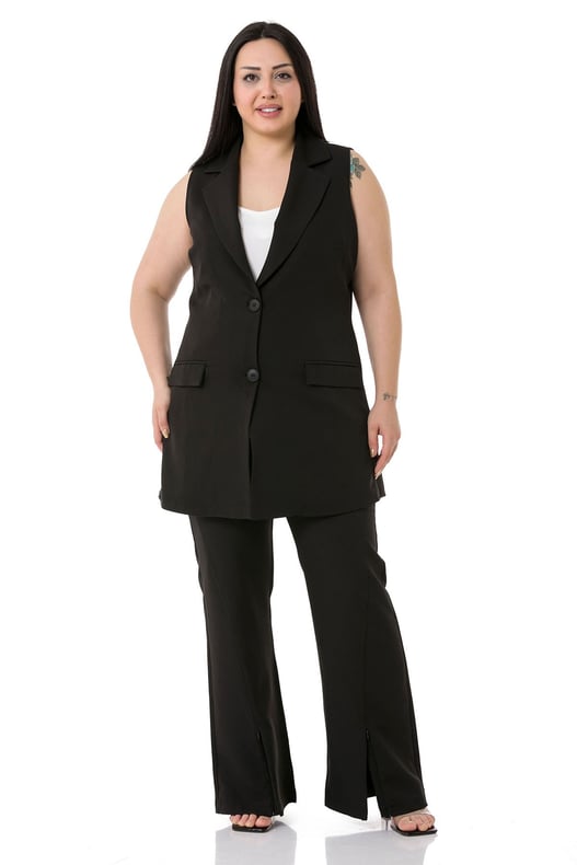 Plus Size Buttoned Long Black Vest with Flap Pockets and Lining