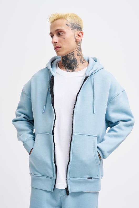 Erkek Basic Fermuarlı Cepli Kapüşonlu Oversize Aqua Sweatshirt