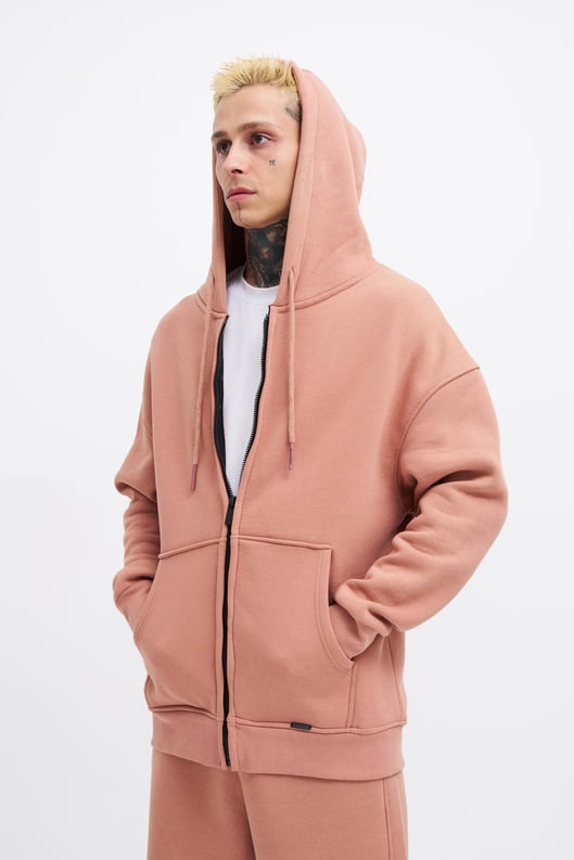 Erkek Basic Fermuarlı Cepli Kapüşonlu Oversize Bakır Sweatshirt
