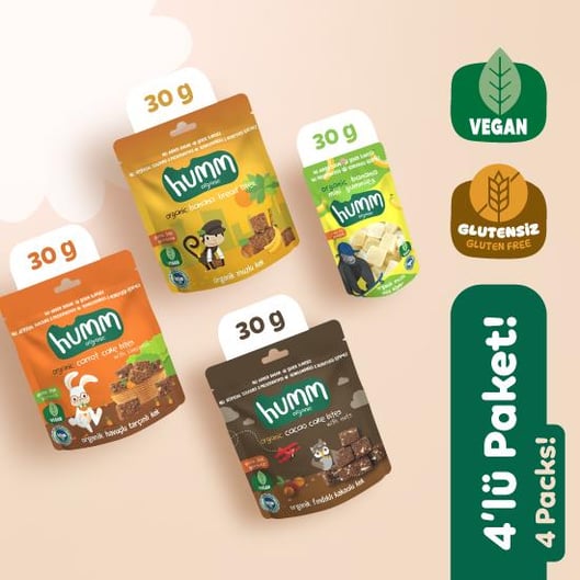 Organik Glutensiz Vegan Meyveli Küp Kek Atıştırmalık Paketi 4 adet (4 çeşit) görseli.