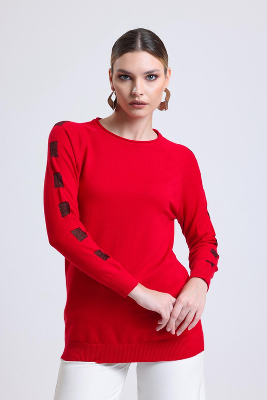 Wholesale Women Red Glitter Garnished Crew Neck Knit Blouse