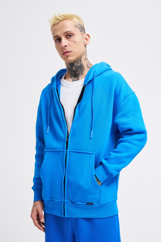 Erkek Basic Fermuarlı Cepli Kapüşonlu Oversize Saks Sweatshirt