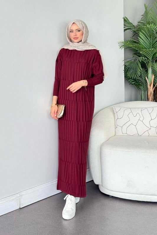 Dolgu Merserize Elbise Bordo