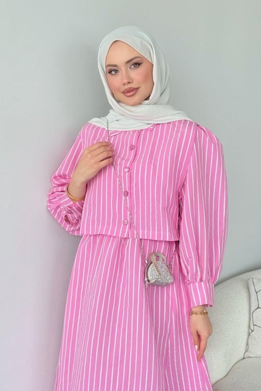 Malibu Çizgili Elbise Pudra