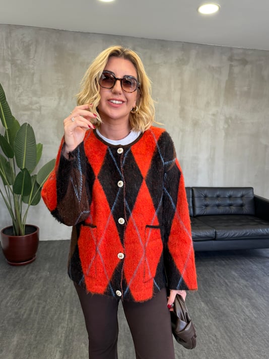 OrijinaL Marka Düğmeli , Orange Baklavalı , Premium Triko Ceket